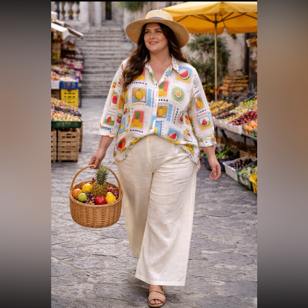 Rose & Olive NWT Multicolor Fruit and Sun Graphic Button-Up size 2X.